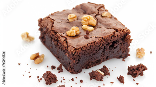Chocolate brownie cake, dessert with nuts on white background. Generative Ai