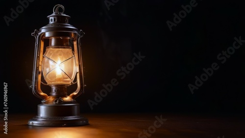 Close up light kerosene lamp equipment in dark space, vintage lantern, banner with copy space. concepts: day of light, lamp day, hope, guidance, nostalgia, warmth, solitude, light in darkness