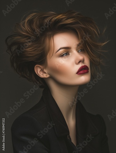 Stylish Windblown Haircut and Bold Lip Color on Elegant Model