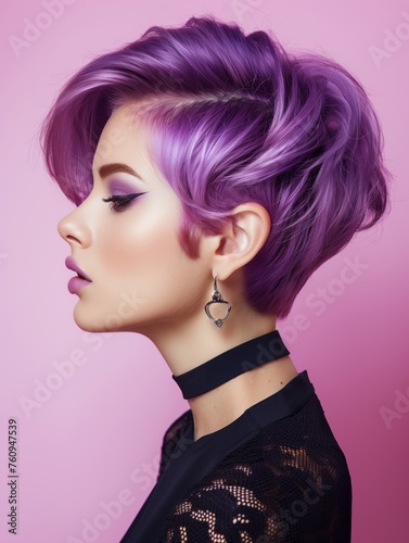 Elegant Lady with Lavender Pixie Cut and Black Choker Fashion Style