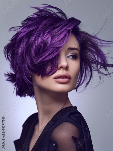 Dynamic Purple Hairstyle on Young Model in Black Sheer Outfit