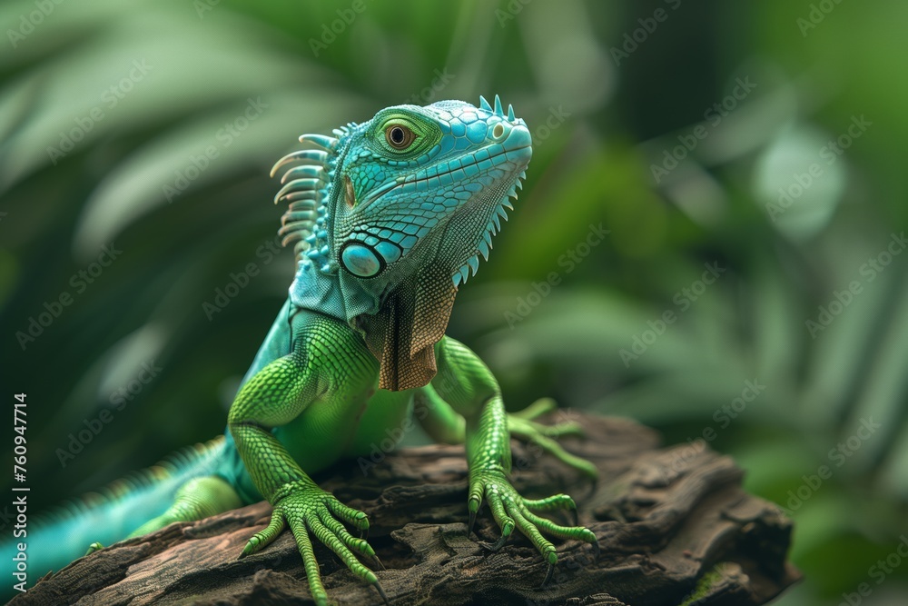 Obraz premium Vibrant green and blue iguana perched on branch, detailed reptile in natural habitat, Concept of wildlife, nature, and exotic species