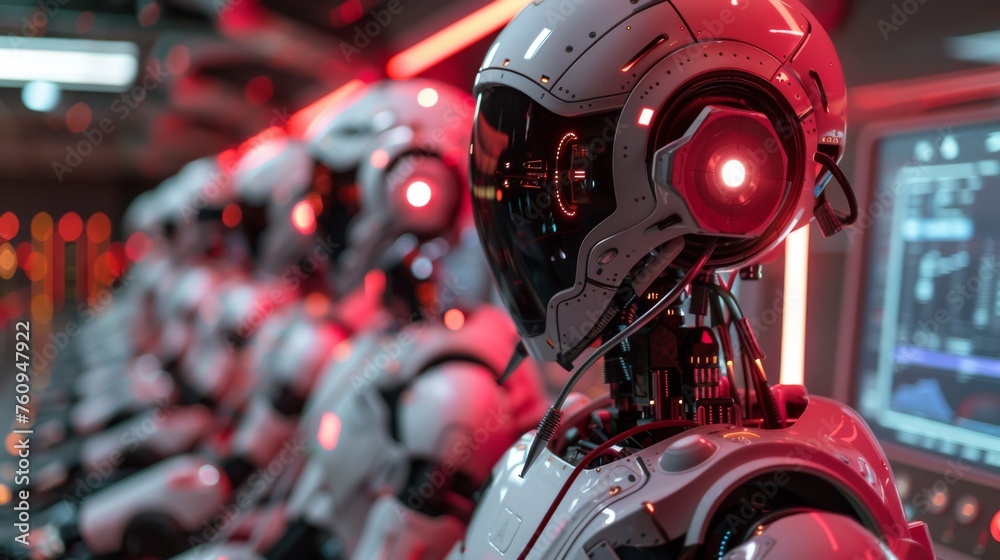 A robot answering bright red calls in a futuristic call center A robot answering bright red calls in a futuristic call center