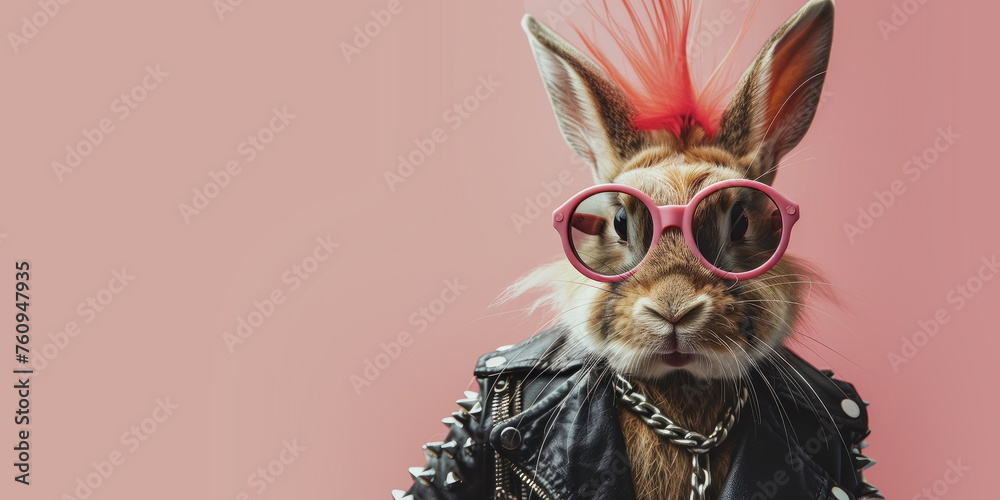 Punk Rock Easter Bunny with a Mohawk on a Pink Background - obrazy, fototapety, plakaty 
