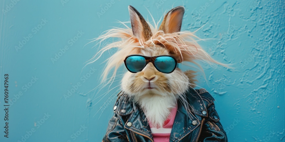 Punk Rock Easter Bunny on a Blue Background - obrazy, fototapety, plakaty 