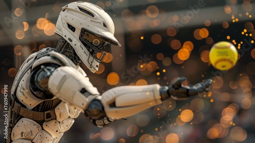 A robot baseball player hitting a vibrant yellow ball on a classic field