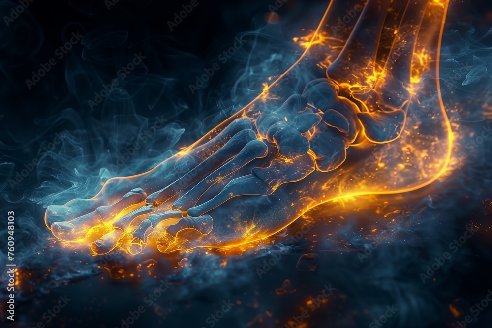 Fiery conceptual artwork of a foot with glowing bones, Concept of podiatry, pain, sports medicine, and internal anatomy visualization - obrazy, fototapety, plakaty 