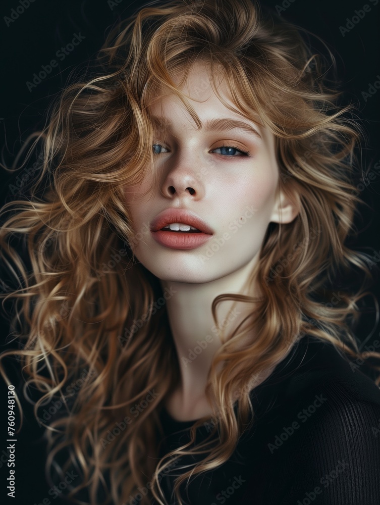 Fototapeta premium Sensual Blonde with Voluminous Curls and Blue Eyes