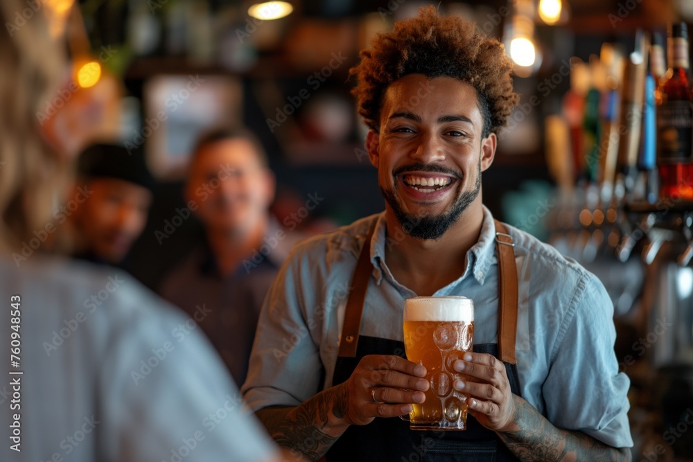 Barman with bright smile serving craft beer at a lively pub, Concept of hospitality, small business, and modern urban lifestyle