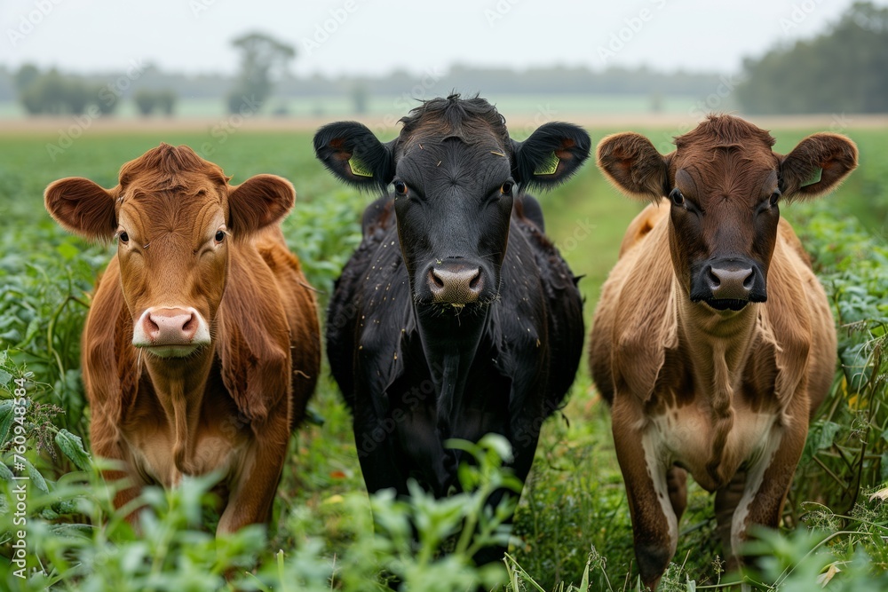 Trio of cows standing in a green field, curious gazes from the herd, Concept of agriculture, farming, and rural life Trio of cows standing in a green field, curious gazes from the herd, Concept of agriculture, farming, and rural life