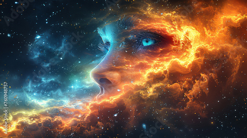 A human head merged with a space nebula mind.