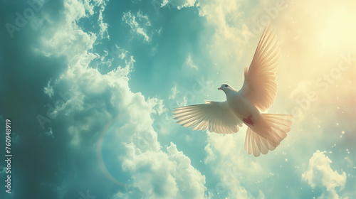 A white dove flies in the sky above a blue and white cloud. The sun is shining brightly, creating a warm and peaceful atmosphere