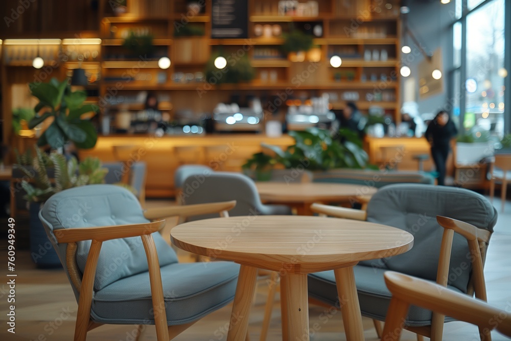 Contemporary coffee shop interior with comfortable blue seating and wooden tables, projecting a serene and sociable atmosphere ideal for leisure and informal business meetings