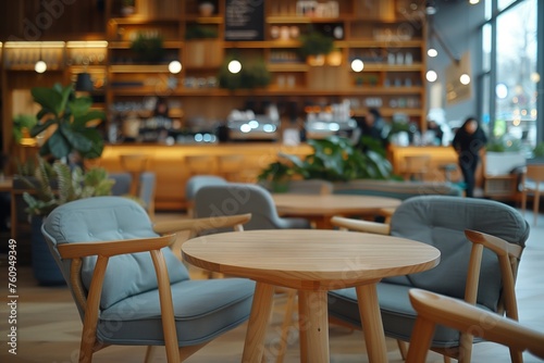 Contemporary coffee shop interior with comfortable blue seating and wooden tables  projecting a serene and sociable atmosphere ideal for leisure and informal business meetings