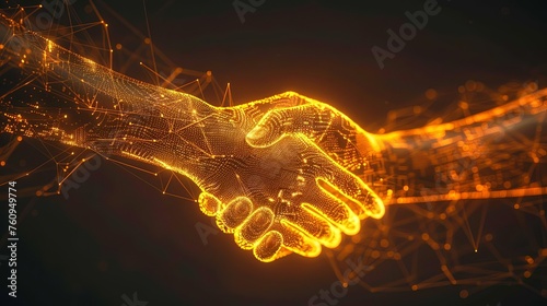 Glowing wireframe hands in digital handshake symbolizing trust and partnership