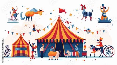Playful circus scene with acrobats and animals. fla