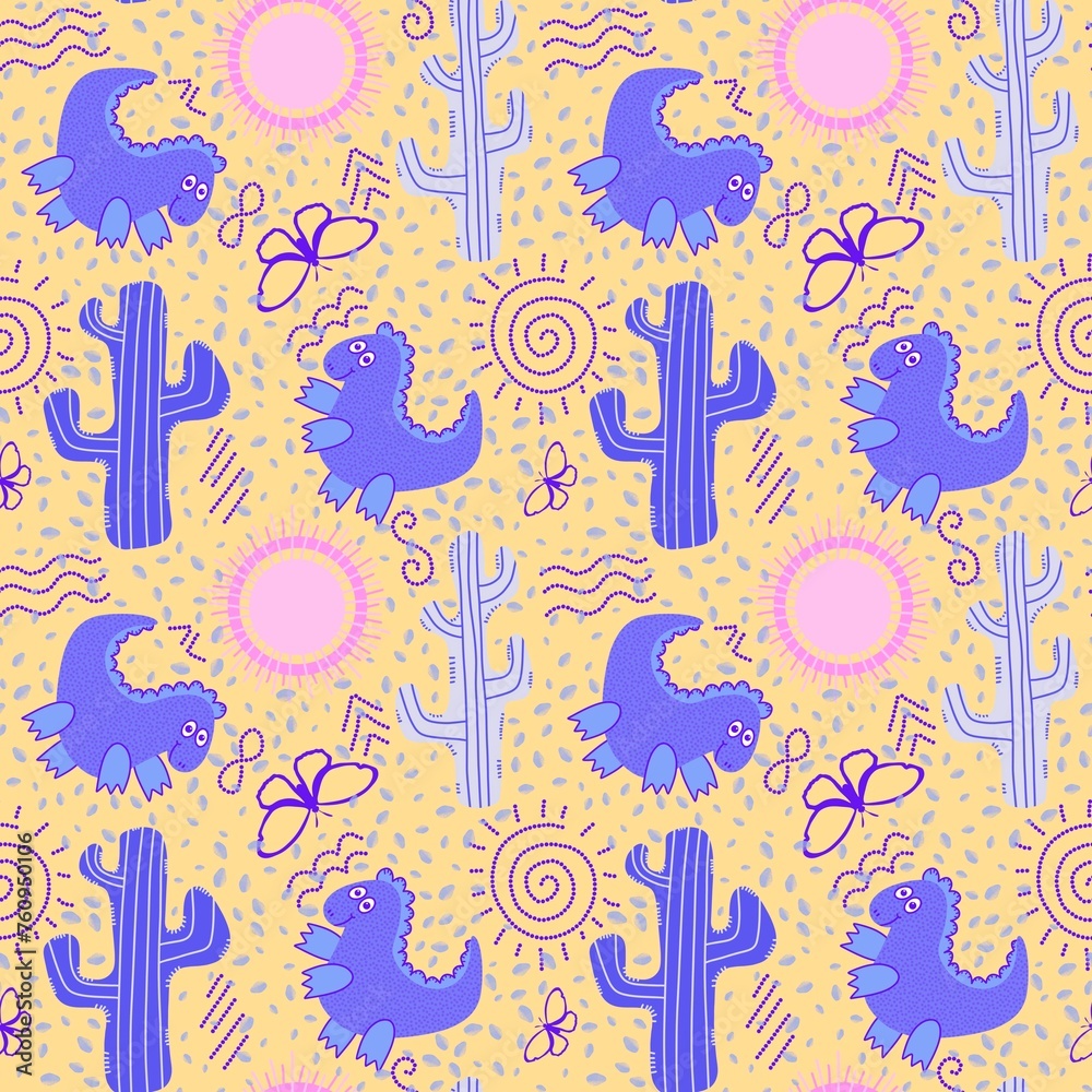 Summer desert seamless dinosaur animals cactus and sun pattern for wrapping paper and fabrics and linens Summer desert seamless dinosaur animals cactus and sun pattern for wrapping paper and fabrics and linens