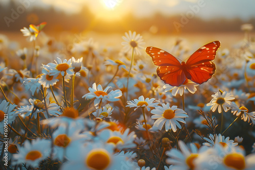 Field of daisies in golden rays of the setting sun in spring summer nature with an orange butterfly outdoors. © ELmidoi-AI