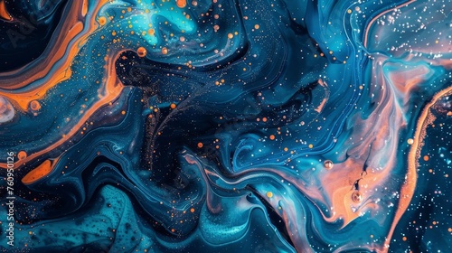 Mesmerizing abstract liquid art with swirling blue and orange ink