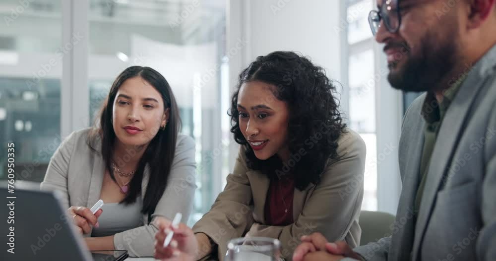 Coworking, talking and partnership in office with laptop, smile and pen for planning or brainstorming. Discussion, collaboration and employees or staff working on project with technology for company