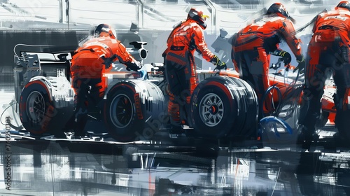 Pit crew in action during a thrilling Formula 1 race  holding tires and preparing for a lightning-fast pit stop  digital sketch