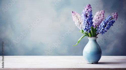 Blooming purple hyacinths in a vase standing on the side. Empty background in a vintage  charming style. Generative AI