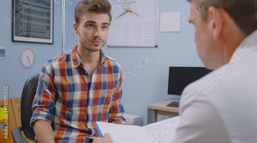A young man patiently sitting in a medical office, attentive to a friendly doctor, holding a report file and receiving consultation during a thorough medical examination in the clinic. photo