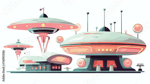 Retro-futuristic space diner with flying saucers an