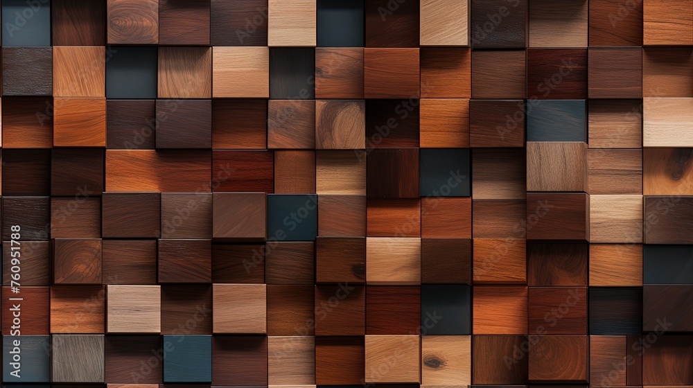 An abstract image of a wooden mosaic wall consisting of an array of colored cubes. Seamless backdrop. Generative AI An abstract image of a wooden mosaic wall consisting of an array of colored cubes. Seamless backdrop. Generative AI