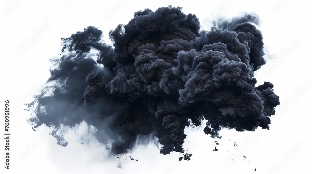 Explosive illustration of black smoke billowing against a pristine white background, capturing the volatile beauty of chaos - obrazy, fototapety, plakaty 