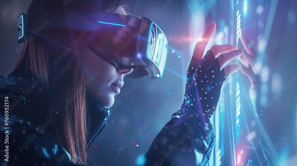 Girl wearing virtual reality glasses and pressing the start button on a futuristic tablet, immersed in an augmented reality game and advanced technology, digital illustration - obrazy, fototapety, plakaty 