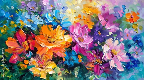 Generative AI spring flowers oil painting on canvas, beautiful abstract colorful floral macro impasto photo