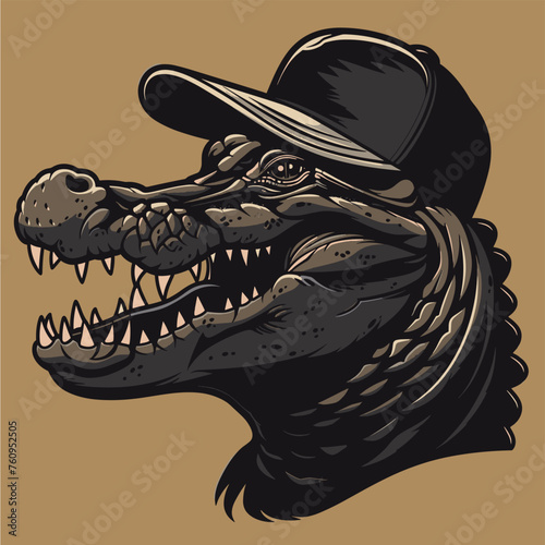 Crocodile head in a hat. Vector illustration on a brown background. © viklyaha