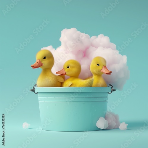 Cute baby ducks in a bucket  in pastel blue bathroom. Abstract minimal Easter concept.  © LyubaAlex