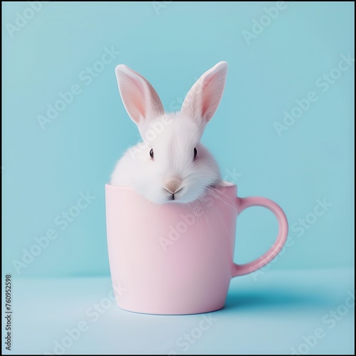 Cute little white bunny in a pink tea cup on blue pastel background. Abstract minimal Easter concept.  © LyubaAlex