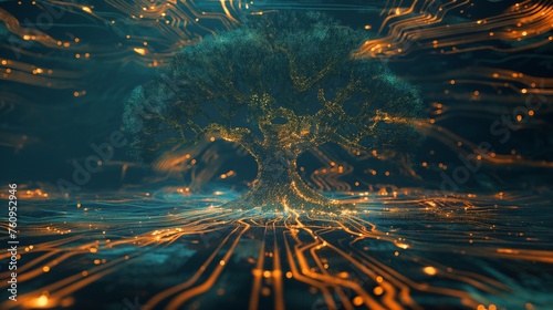 Abstract depiction of a cybernetic tree with branches extending into the digital space, representing the growth and expansion of software development capabilities. © Zaini