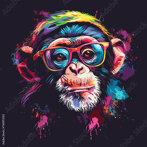 Monkey with glasses and colorful splashes on a black background.