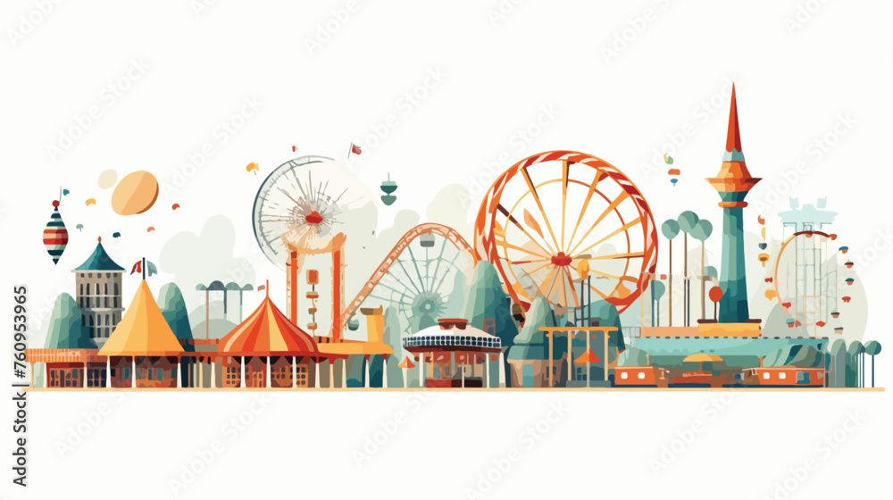 Retro amusement park with rides and attractions. fl - obrazy, fototapety, plakaty 