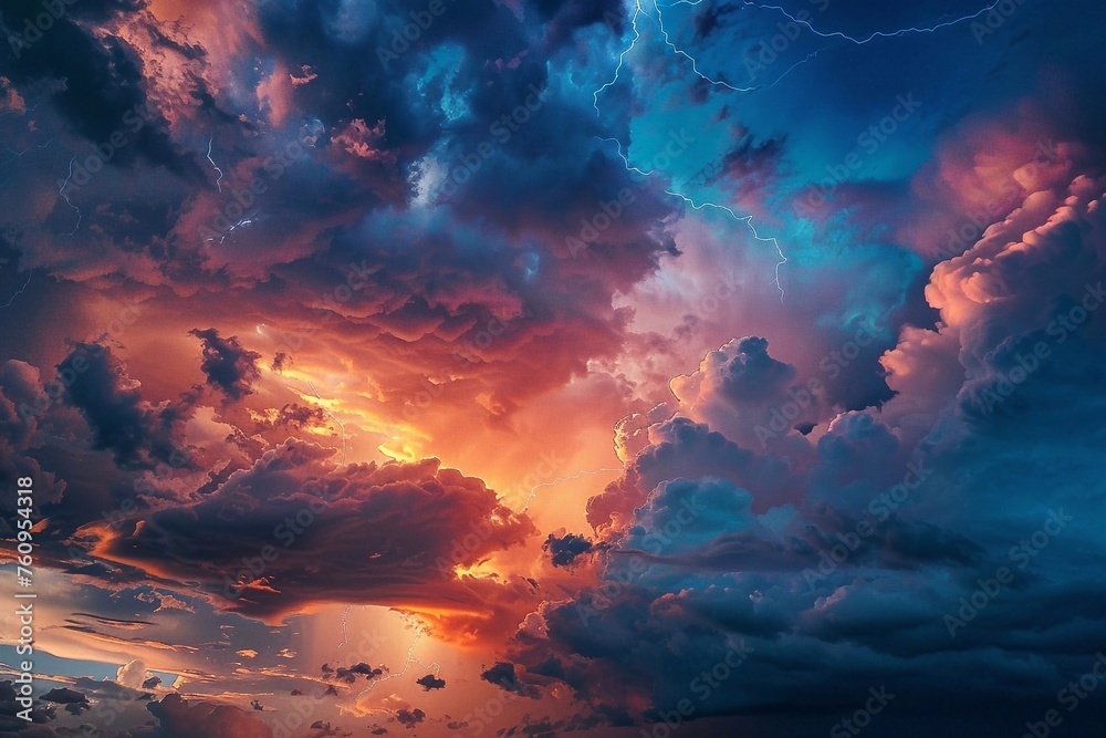 Fiery thunderstorm. Dramatic sky with glowing clouds and lightning
