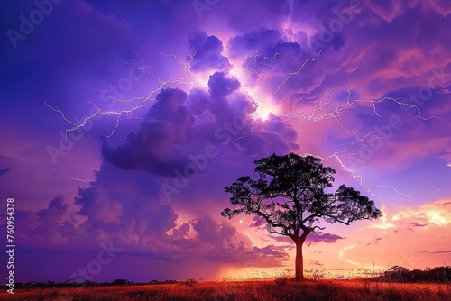 Stormy sky with lightning and tree in the meadow at sunset