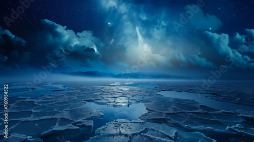 Breathtaking night landscape, frozen cracked ice, starry sky. Reflection of bright moonlight on ice. Nature concept. © Alina Tymofieieva