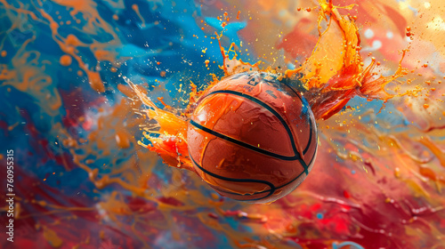 Wallpaper Mural Basketball ball in motion with bright splashes on a red and blue background. A flaming dynamic basketball symbolizing energy. Competitive sports. Activity concept. Torontodigital.ca