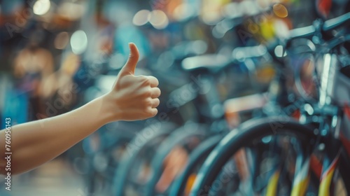 Thumbs up sign. Woman's hand shows like gesture. Bicycle shop background © Jane Kelly