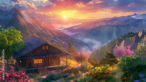 Charming mountain dwelling embraced by breathtaking scenery with winding path. Seamless Looping 4k Video Animation photo