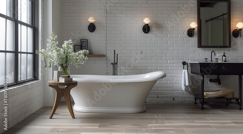 A serene and modern bathroom with white brick walls  an elegant bathtub  and wooden flooring  creating a calm and relaxing atmosphere.