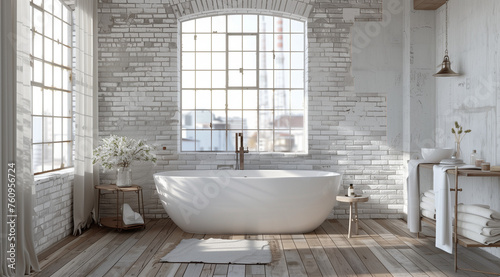 A serene and modern bathroom with white brick walls  an elegant bathtub  and wooden flooring  creating a calm and relaxing atmosphere.