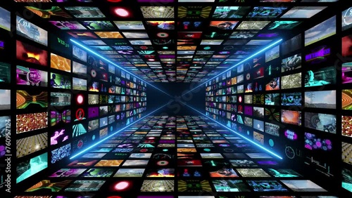 collage video animation with three dimensional camera moving zoom out. With neon lines around in corners. Video walls for business content