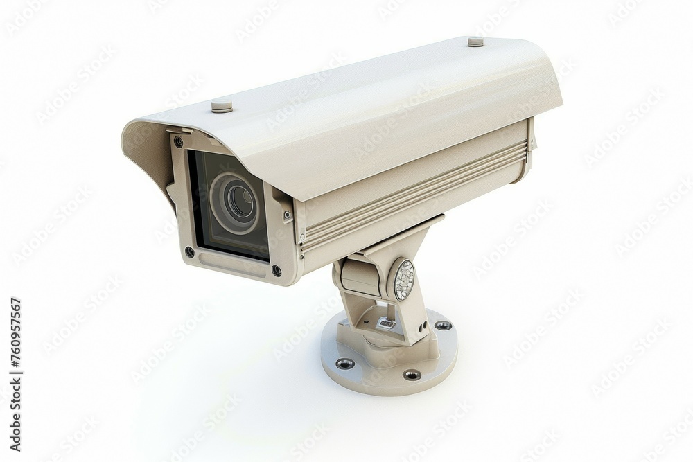 A white security camera with a black lens