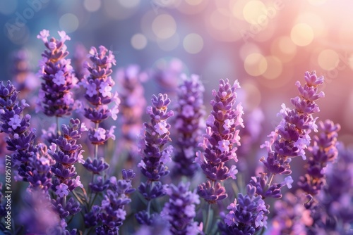 A field of purple lavender flowers with a soft, dreamy atmosphere