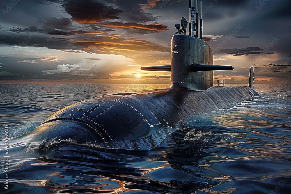 A large submarine is in the water with the sun setting in the background - obrazy, fototapety, plakaty 